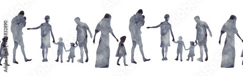 Watercolor border with silhouettes of people. Brush strokes in the form of blue silhouettes of people,Silhouette of family on white background.