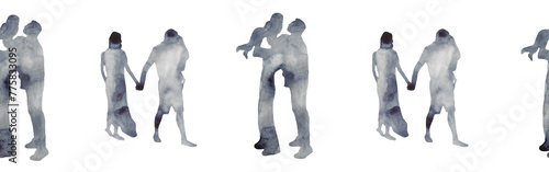 Watercolor border with silhouettes of people. Brush strokes in the form of blue silhouettes of people,Silhouette of family on white background.