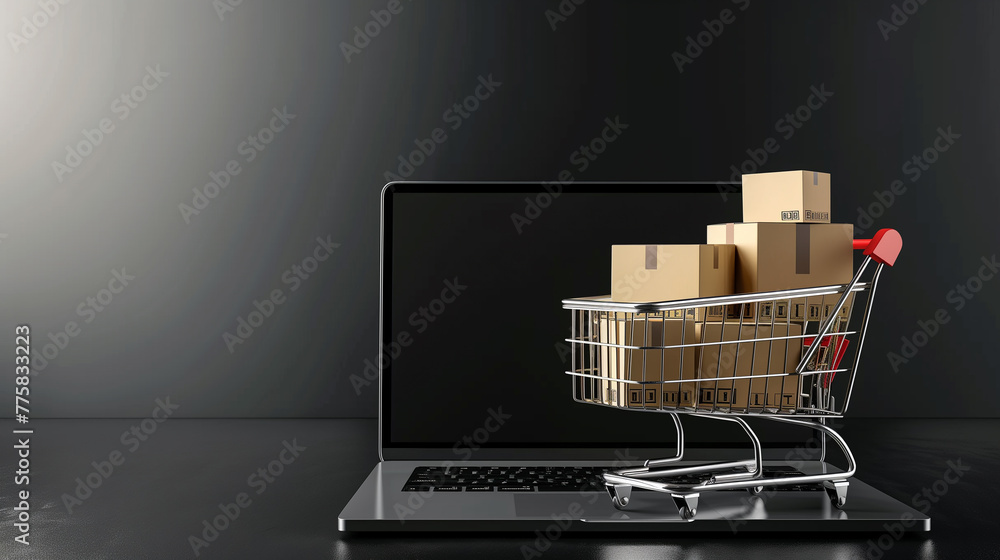 online shop concept shopping cart on laptop