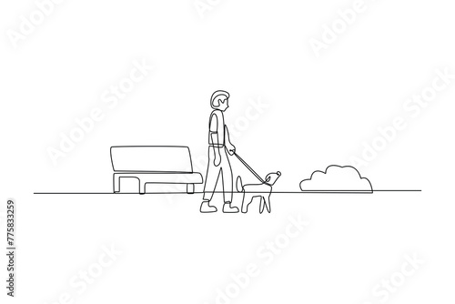 Continuous one line drawing of woman walk the dog in the city park. Natural ecology park logo hand drawn minimalist concept. Modern single line draw design vector graphic illustration