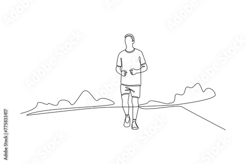 Continuous one line drawing of man jogging in city park. Natural ecology park logo hand drawn minimalist concept. Modern single line draw design vector graphic illustration