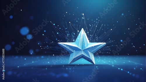 Abstract hand holding a digital star. Concept of success. Modern holographic blue style low poly wireframe vector image with 3D effect set against a technological background. Light vector illustration