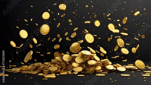 golden coins falling. black background in three dimensions. A financial and economics concept with falling golden money. digital artwork. A 3D rendering, a picture of rain, and a stack of glittering 