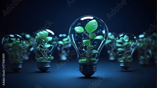 Light Bulb with Abstract Digital Sprouts Inside. Blue Agroculture Innovation with Plants on a Dark Technological Background. Vector illustration in low poly with 3D effects