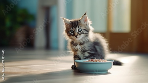 cute tabby kitten gazes spilled bowl of food kibble on a sunlit floor, encapsulating the playful innocence and charm of young pets.