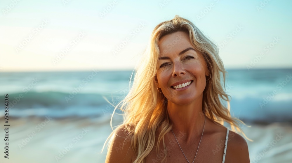 Vibrant Beach Life: 40-Year-Old's Bright Smile Vibrant Beach Life: 40-Year-Old's Bright Smile