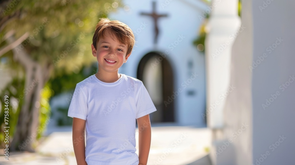 Naklejka premium Sunny Serenity: Boy in Front of White Church
