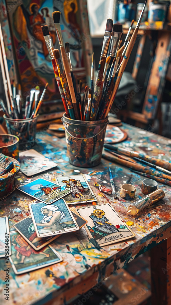 Artist's Paintbrushes and Tarot Cards on a Messy Table Artist's Paintbrushes and Tarot Cards on a Messy Table