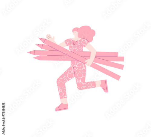 Running girl with bunch of giant pencils isolated on white