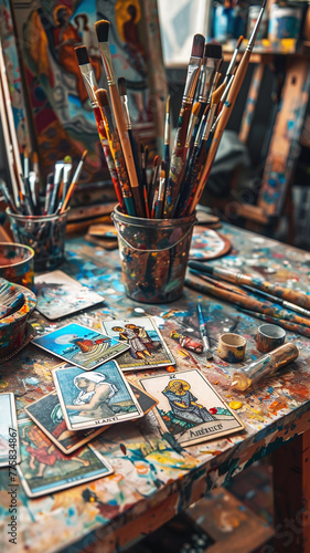 Artist's Paintbrushes and Tarot Cards on a Messy Table