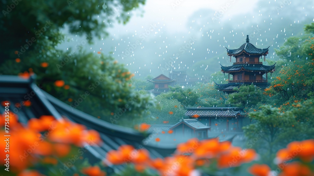 Obraz premium Ink Masterpiece: Ancient Chinese Buildings and Rain