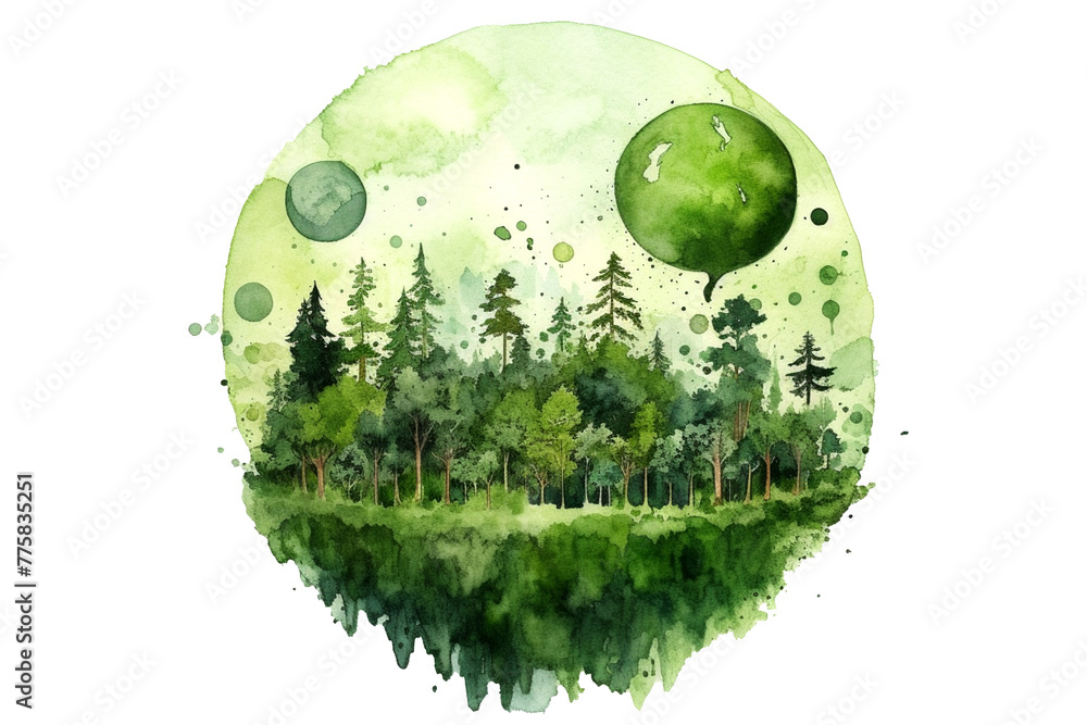 Green planet Earth with nature in a watercolour style isolated on a transparent background - obrazy, fototapety, plakaty 