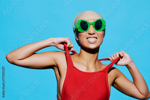 Sunglasses woman trendy fashion summer smile beauty hat swimsuit portrait happy blue