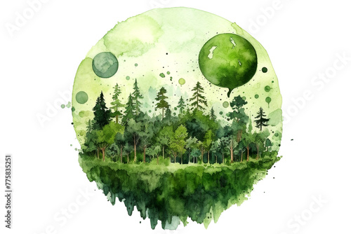 Green planet Earth with nature in a watercolour style isolated on a transparent background