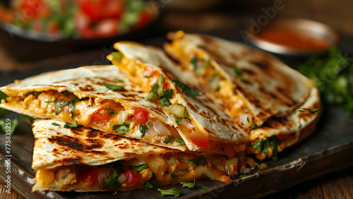 Mexican quesadilla with meet, cheese and peppers on wooden table.