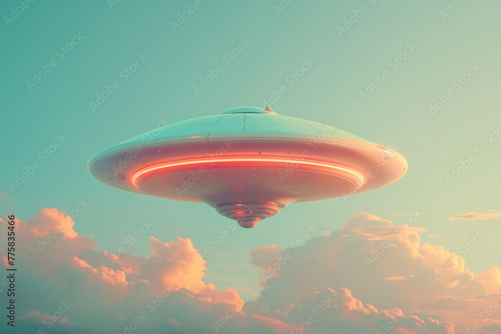UFO or spaceship, rendered in soft pastel tones against a minimalist sky backdrop, evoking a sense of mystery and wonder in the cosmos UFO or spaceship, rendered in soft pastel tones against a minimalist sky backdrop, evoking a sense of mystery and wonder in the cosmos