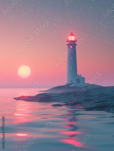 A lighthouse standing tall under a star filled sky, in soft pastel colors minimalist design