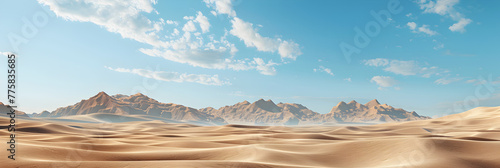Desert landscape with sand dunes and a clear blue sky with clouds in the background .