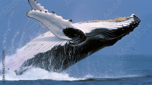 Elegant humpback whale breaching spectacularly against a backdrop of blue ocean


 photo