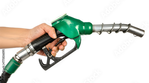 Hand holding Fuel nozzle isolated on transparent background