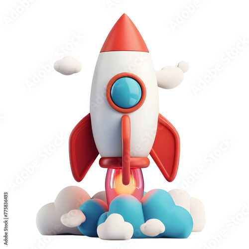 3d render rocket launches in clouds isolated on transparent background