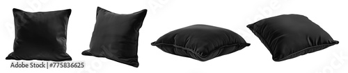 Collection set of black blank cushion pillow cover, front side lying view on transparent cutout, PNG file. Many angle. Mockup template for design photo