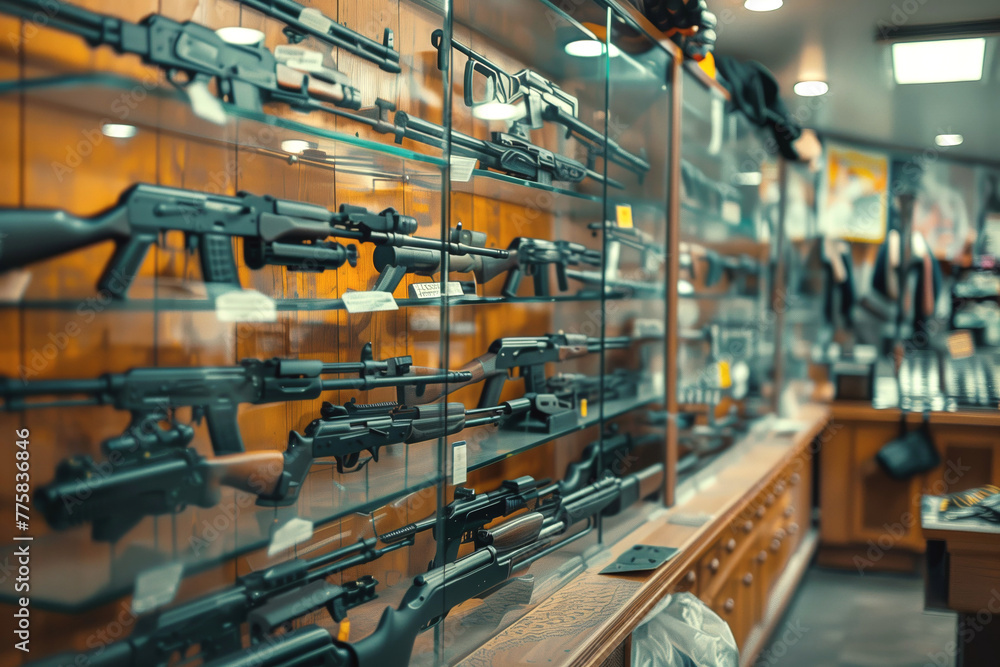 Riffles on glass display of legal gun store. Shooting weapons assortment in showcase of military shop. Buying armor for hunt and self protection
