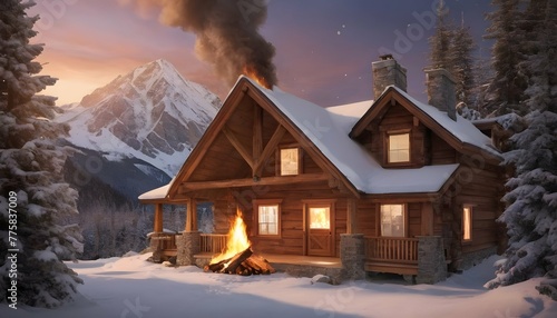 Create An Image Of A Cozy Mountain Cabin Surrounde