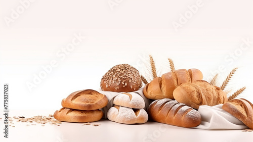 An array of freshly baked bread, from crusty baguettes to seeded rolls, tastefully arranged against a soft white backdrop, celebrating the art of bakery.