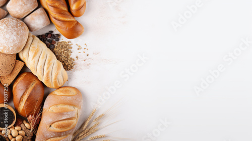 An array of freshly baked bread, from crusty baguettes to seeded rolls, tastefully arranged against a soft white backdrop, celebrating the art of bakery.