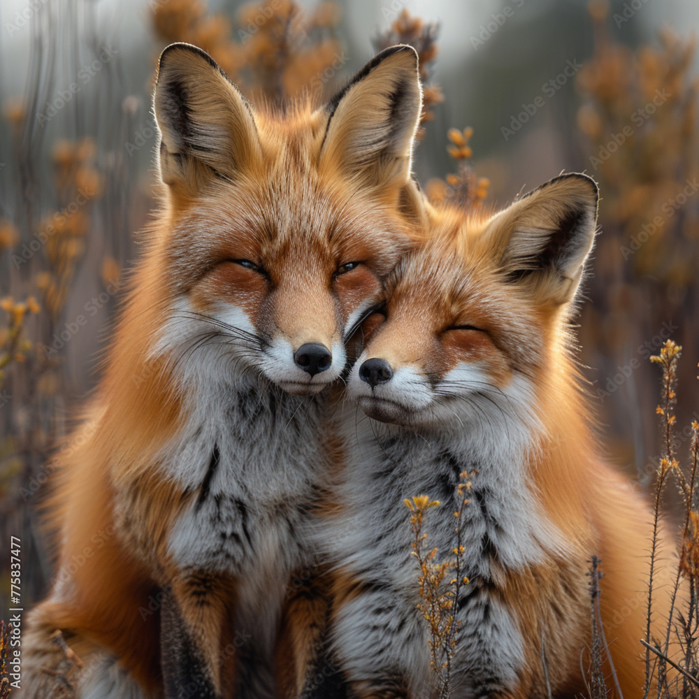 Fototapeta premium A couple of red foxes. Beautiful animal in the nature habitat. Wildlife scene from the wild nature. Cute animal in habitat.