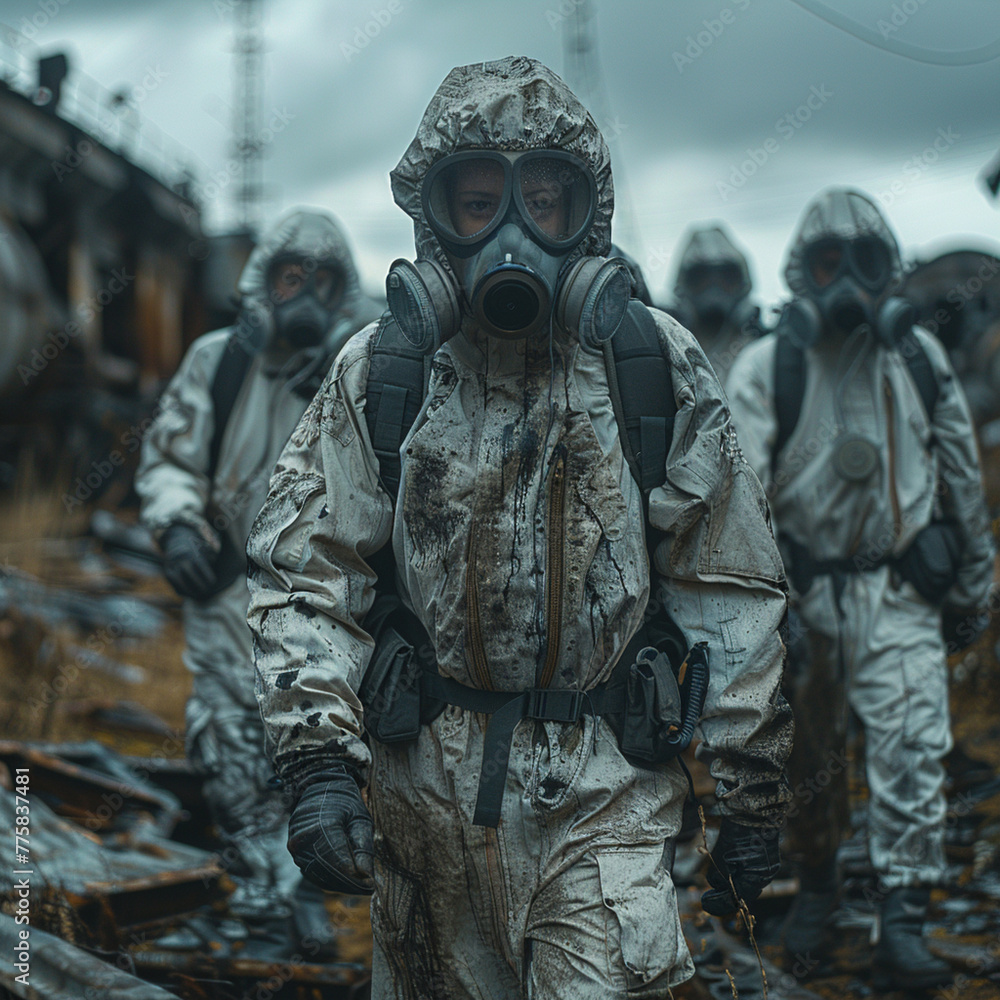 A group of scientists in special suits during a deadly virus pandemic or after a nuclear strike. The concept of the post-apocalyptic world.

