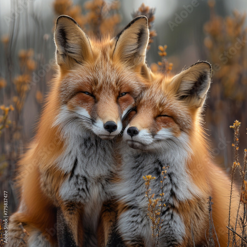 A couple of red foxes. Beautiful animal in the nature habitat. Wildlife scene from the wild nature. Cute animal in habitat.