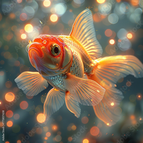  Close-up of a beautiful glowing goldfish, bokeh background.