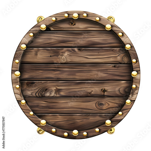 Circle wooden frame with gold elements isolated on transparent background