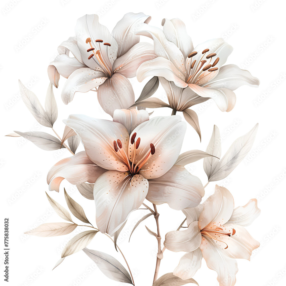 Lily flowers composition in white and peach colors, vintage watercolor illustration