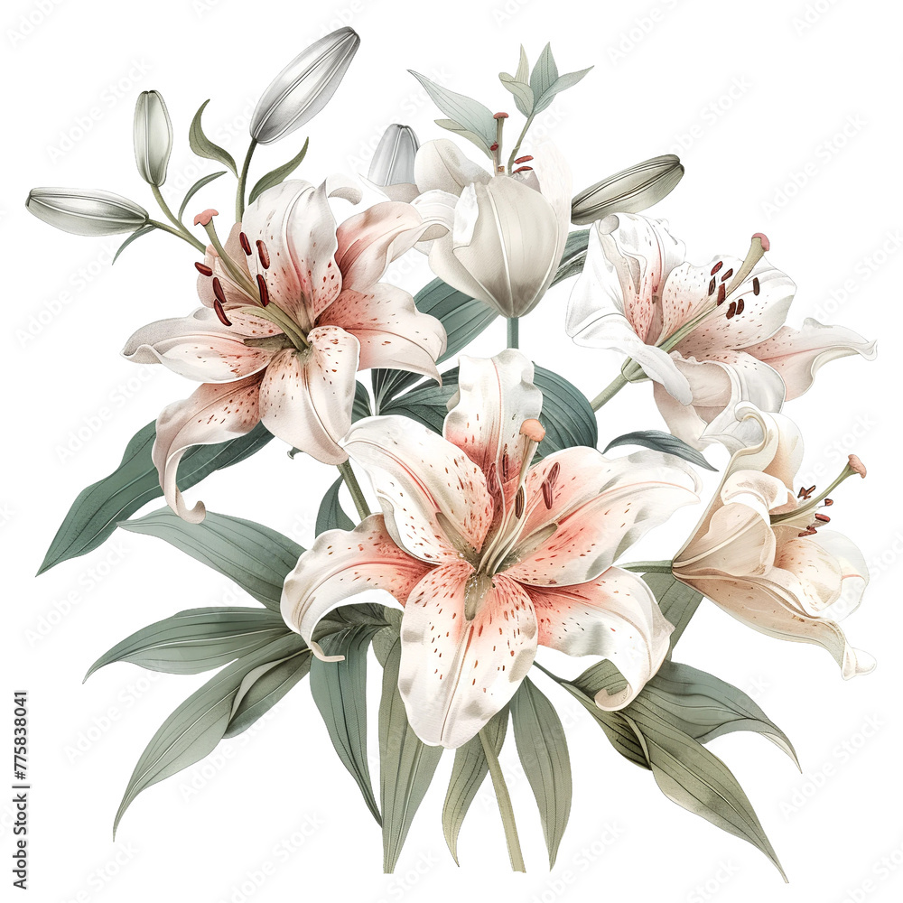 Lily flowers composition in white and peach colors, vintage watercolor illustration Lily flowers composition in white and peach colors, vintage watercolor illustration