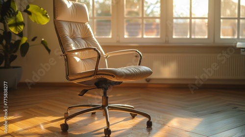 Ergonomic chair awaits in sunlit home office