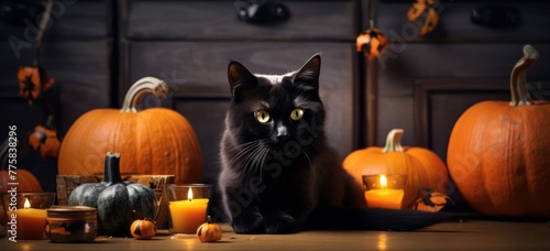 Black cat sitting amidst pumpkins and candles on Halloween. Seasonal holiday decoration.