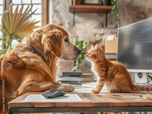 Candid moment in modern office between boss dog and subordinate cat, office romance, office flirting