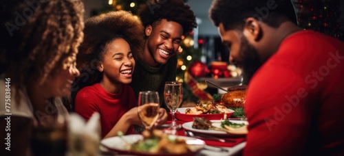 African American family enjoying a festive holiday dinner with traditional dishes  laughter  and joy.