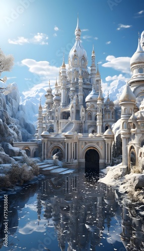 Magic kingdom of fairytale castle in winter. Magical world.