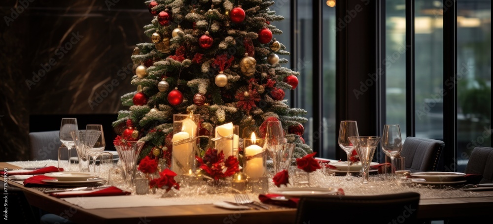 Elegant Christmas dinner table setting with tree and decorations. Holiday celebration.
