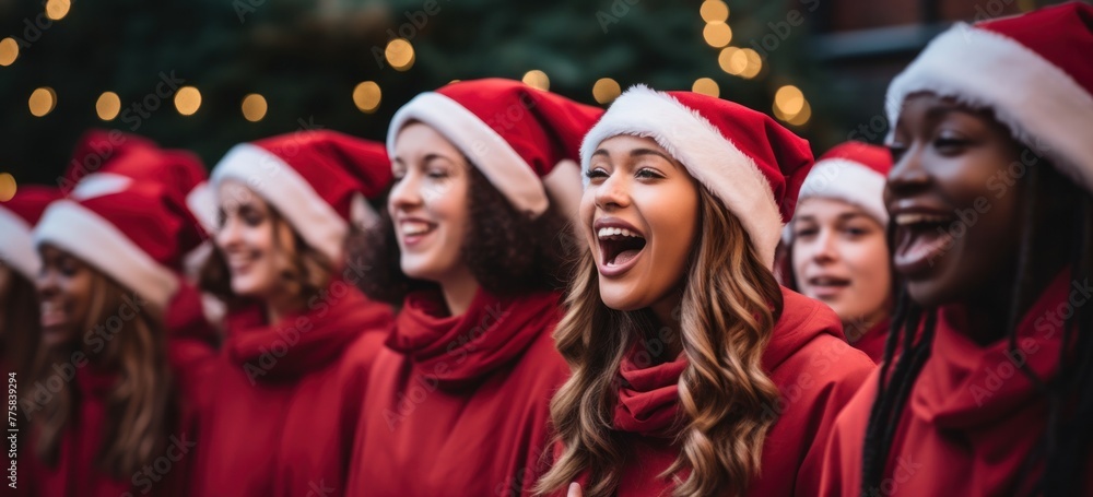 Joyful choir singing in Santa hats during festive season. Holiday spirit and community. Joyful choir singing in Santa hats during festive season. Holiday spirit and community.