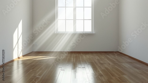 A room with a large window and wooden floors. The room is empty and the sunlight is shining through the window