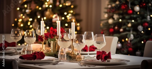 Festive dinner table setting with candles and Christmas decorations. Holiday celebration.