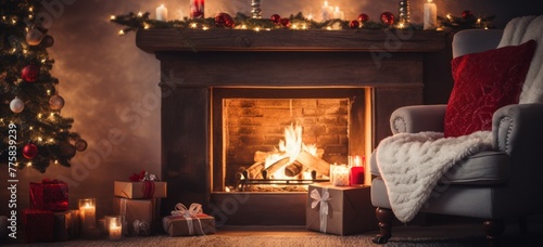 Christmas Home Interior with a rustic fireplace, adorned with stockings, and surrounded by cozy armchairs. © Postproduction