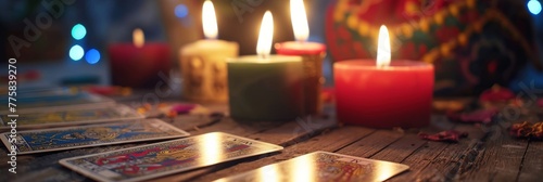 Colorful candles on a table with tarot cards. Mysticism and divination banner