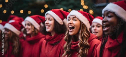 Joyful choir singing in Santa hats during festive season. Holiday spirit and community.