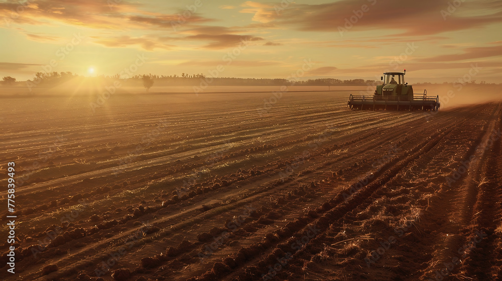 Harvesting corn in the middle of an open field with a green harvester working on it. Harvester harvesting Harvesting corn in the middle of an open field with a green harvester working on it. Harvester harvesting